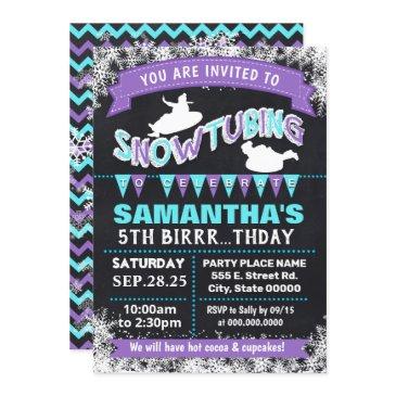 snowtubing birthday party bash purple sleeding invitation