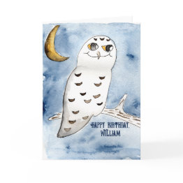 Small Snowy Owl Watercolor Personalized Birthday Invitations Front View