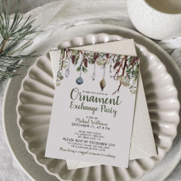 Small Snowy Pines Christmas Ornament Exchange Party Invitation Front View