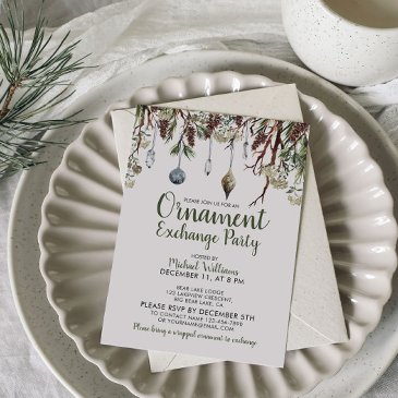 snowy pines christmas ornament exchange party invitation