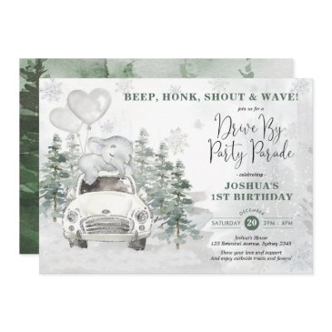 snowy silver winter elephant drive by birthday invitation