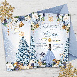 Small Snowy Winter Ice Blue And Gold Floral Quinceanera Invitation Front View