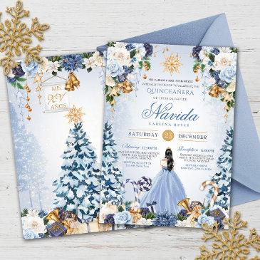 snowy winter ice blue and gold floral quinceanera invitation