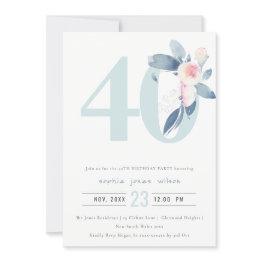Small Soft Aqua Blush Blue Floral 40th Any Age Birthday Invitation Front View