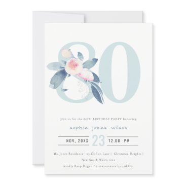 soft aqua blush blue floral 80th any age birthday invitation