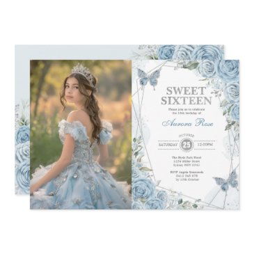 soft blue silver sweet 16 butterfly birthday photo invitation