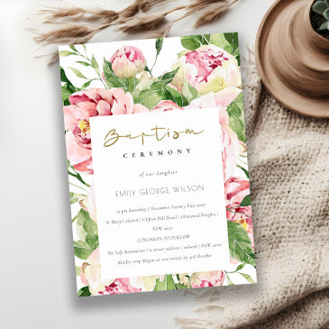 soft blush green floral peony watercolor baptism invitation
