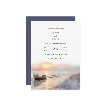soft dawn wooden boat watercolor beach wedding invitation