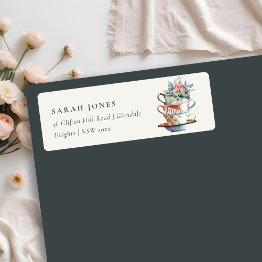Small Soft Pastel Stacked Cups Floral Tea Party Address Label Front View