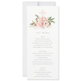 Small Soft Peach Peony Floral Cross Baptism Menu Invitations Front View