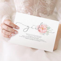 Small Soft Pink Botanical Floral Calligraphy Baby Shower Invitation Front View