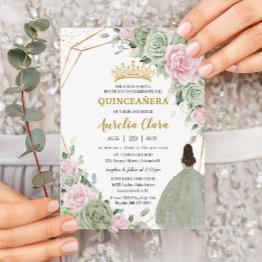 Small Soft Sage Green Pink Floral Gold Quinceañera Invitation Front View