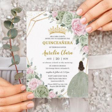 soft sage green pink floral gold quinceañera invitation