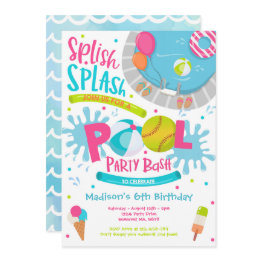 Small Softball Pool Party Splish Splash Pool Birthday Invitation Front View