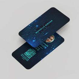 Small Software Engineer Programmer Modern Neon Blue Business Invitations Front View