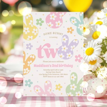 some bunny daisy floral pastel spring 2nd birthday invitation