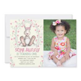Small Some Bunny Girls First Birthday Photo Invitation Front View