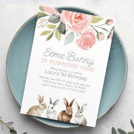 Small Some Bunny Is One Girl 1st Birthday Invitation Front View