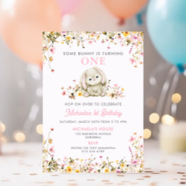 Small Some Bunny Is Turning One Pink Girl's 1st Birthday Invitation Front View