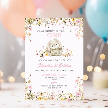 some bunny is turning one pink girl's 1st birthday invitation