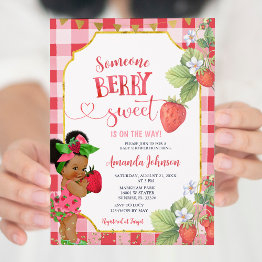Small Someone Berry Sweet Strawberry Girl Baby Shower Invitation Front View