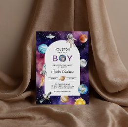 Small Space Astronaut Houston We've A Boy Baby Shower Invitation Front View