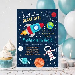 Small Space Rocket Ship Blast Off Birthday Invitation Front View