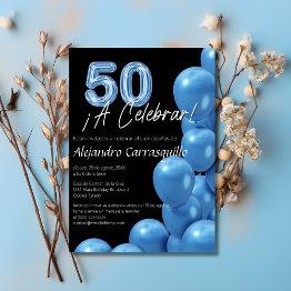 Small Spanish Blue Balloons Black Fun 50th Birthday Invitation Front View