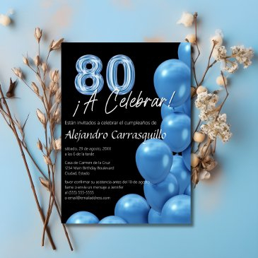 spanish blue fun balloons black 80th birthday invitation