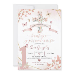 Small Spanish Blush Pink Butterfly Bautizo 1st Birthday Invitation Front View