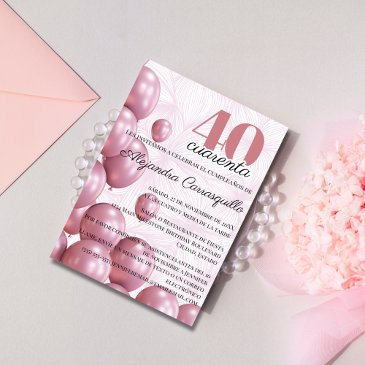 spanish blush rose floral balloons 40th birthday invitation