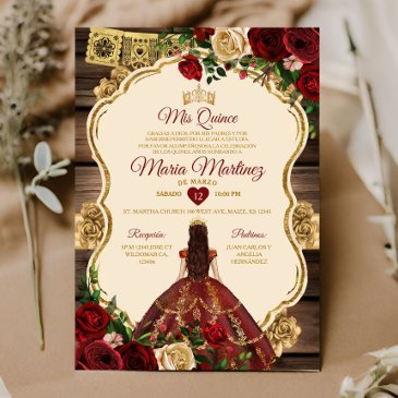 spanish burgundy floral rustic wood mis quince invitation