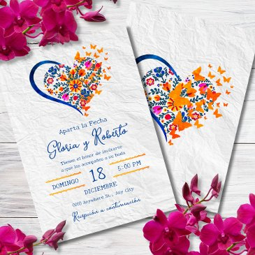 spanish, colorful floral heart mexican wedding invitation