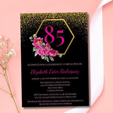spanish elegant black gold & pink 85th birthday invitation