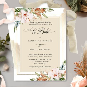 spanish, elegant blush terracotta floral wedding i invitation