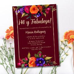 Small Spanish Elegant Bright Florals Red 40th Birthday Invitation Front View