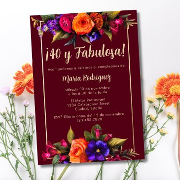 spanish elegant bright florals red 40th birthday invitation