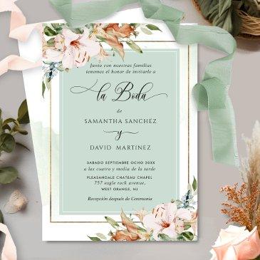 spanish, elegant dusty rose, sage floral wedding invitation