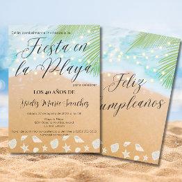 Small Spanish Fun Beach Sand Shore 40th Birthday Party Invitation Front View