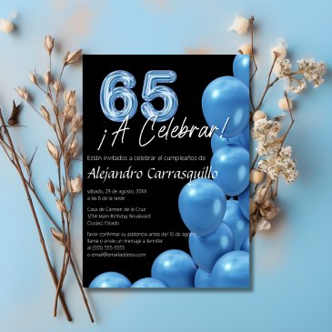 spanish fun blue balloons black 65th birthday invitation