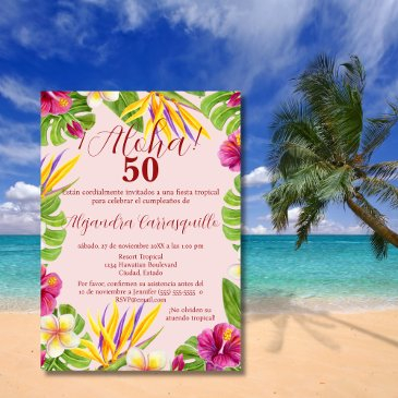 spanish hawaiian pink aloha tropical 50th birthday invitation