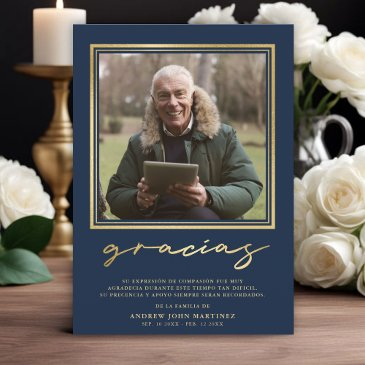 spanish navy & gold calligraphy funeral photo thank you invitations