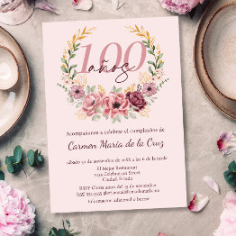 Small Spanish Pink Elegant Floral 100th Birthday Party Invitation Front View