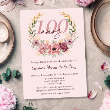 spanish pink elegant floral 100th birthday party invitation