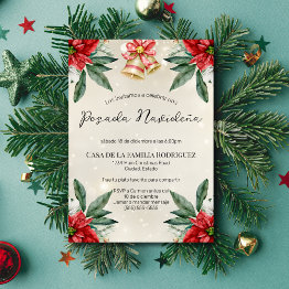 Small Spanish Red Poinsettias Posada Navideña Christmas Invitation Front View