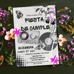 Small Spanish Retro Music Any Age Black & Pink Birthday Invitation Front View