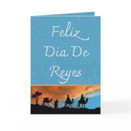 Small Spanish Three Kings Day Teal Stars Christmas Holiday Invitations Front View