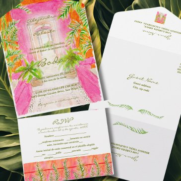 spanish, watercolor tropical pink coral wedding all in one invitation
