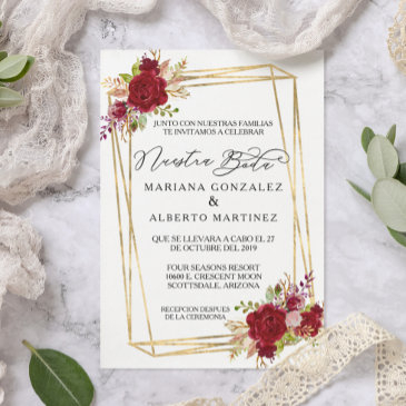 spanish wedding rose burgundy nuestra boda gold invitation