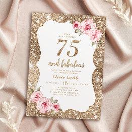 Small Sparkle Gold Glitter And Pink Floral 75th Birthday Invitation Front View